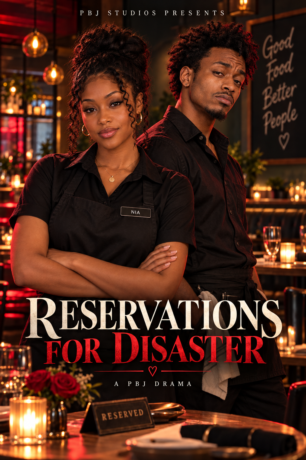 Reservations for Disaster movie poster featuring Malik and Nia in a dramatic restaurant setting